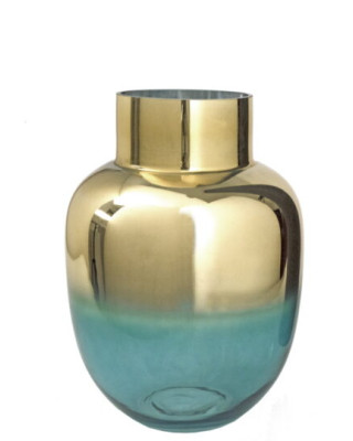 Γυάλινο βάζο πετρολ με ντεγκραντέ χρυσή επίστρωση, 25cm