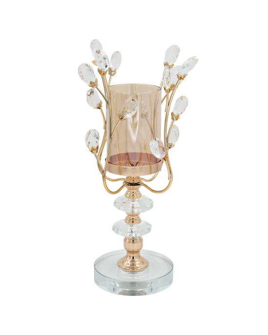 Κηροπήγιο μεταλλικό Φ12Χ36 εκ. Χρυσό με κρύσταλλα και μελί γυαλί - KESKOR 43103