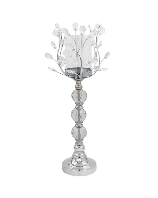 Κηροπήγιο μεταλλικό Φ22Χ59 εκ. Ασημί με κρύσταλλα και γυαλί - KESKOR 43121